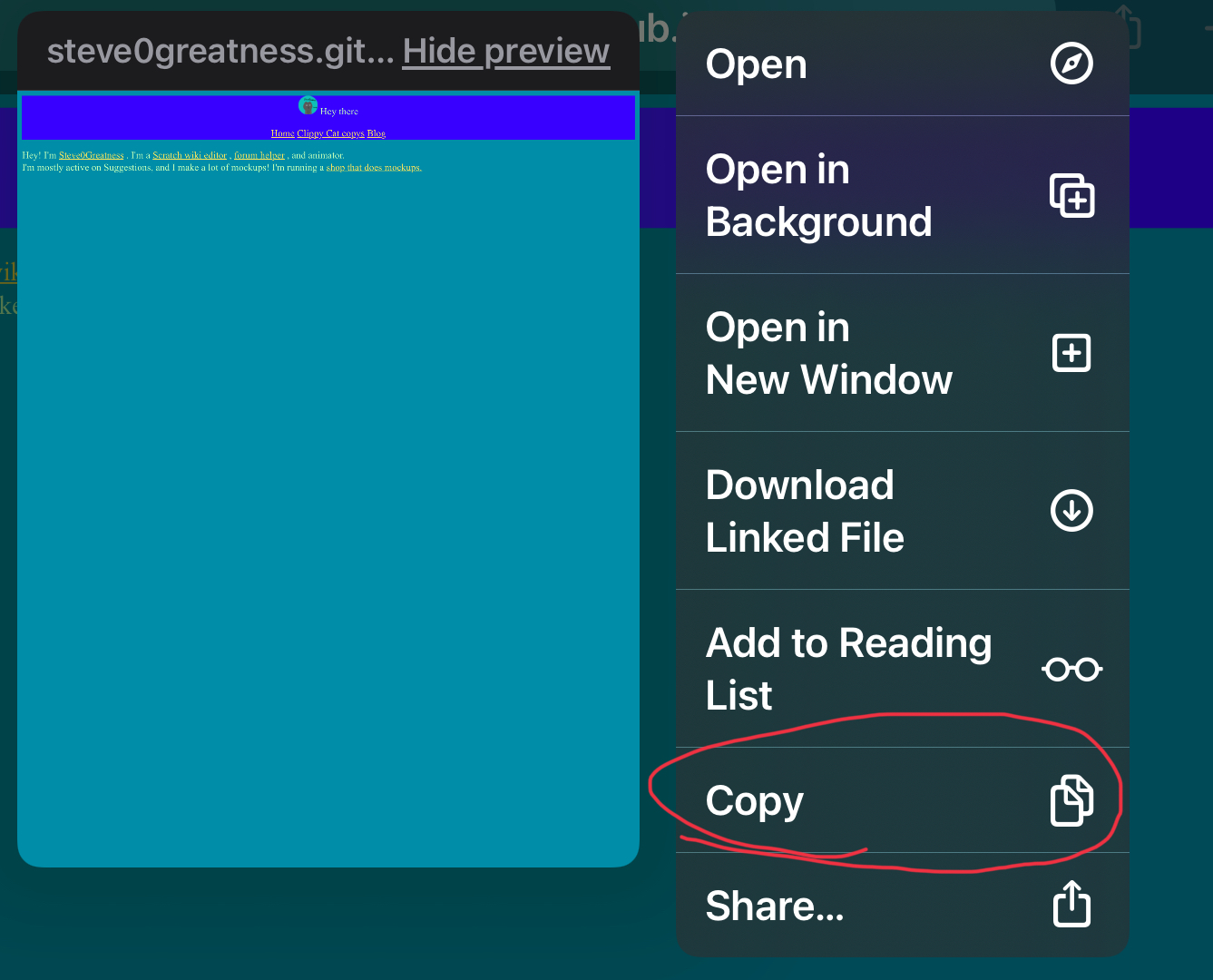 open, open in background, open in new window, download link file, add to reading list, *copy*, share